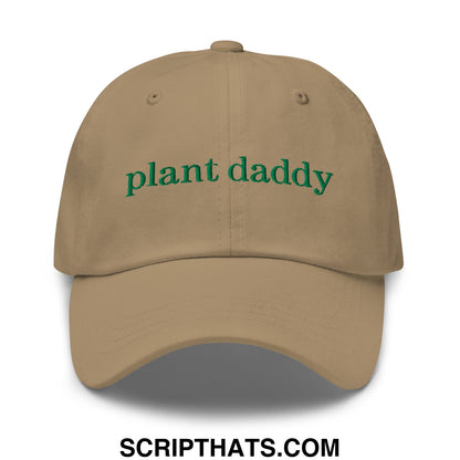 Beige unstructured dad hat with green embroidered plant daddy text perfect for casual wear