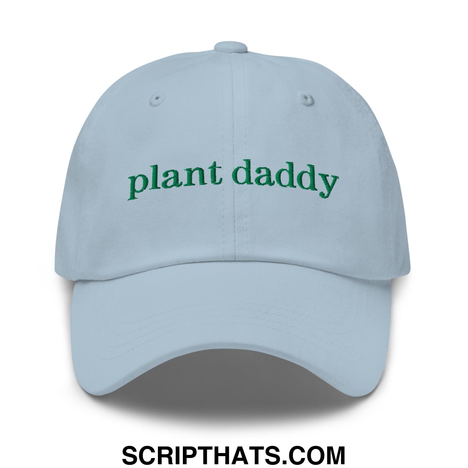 Light blue unstructured dad hat with green embroidered plant daddy text perfect for casual wear