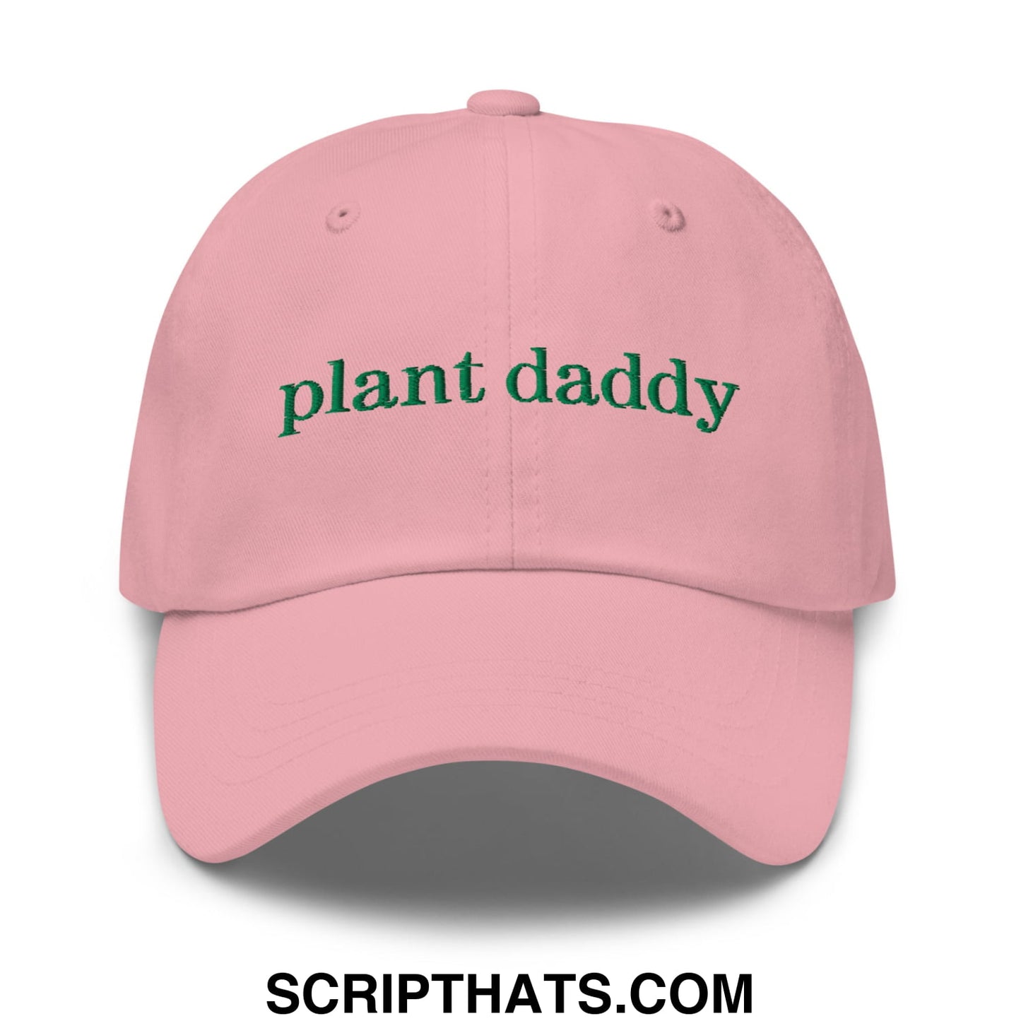 Pink unstructured baseball dad hat with green embroidered plant daddy text perfect for casual wear