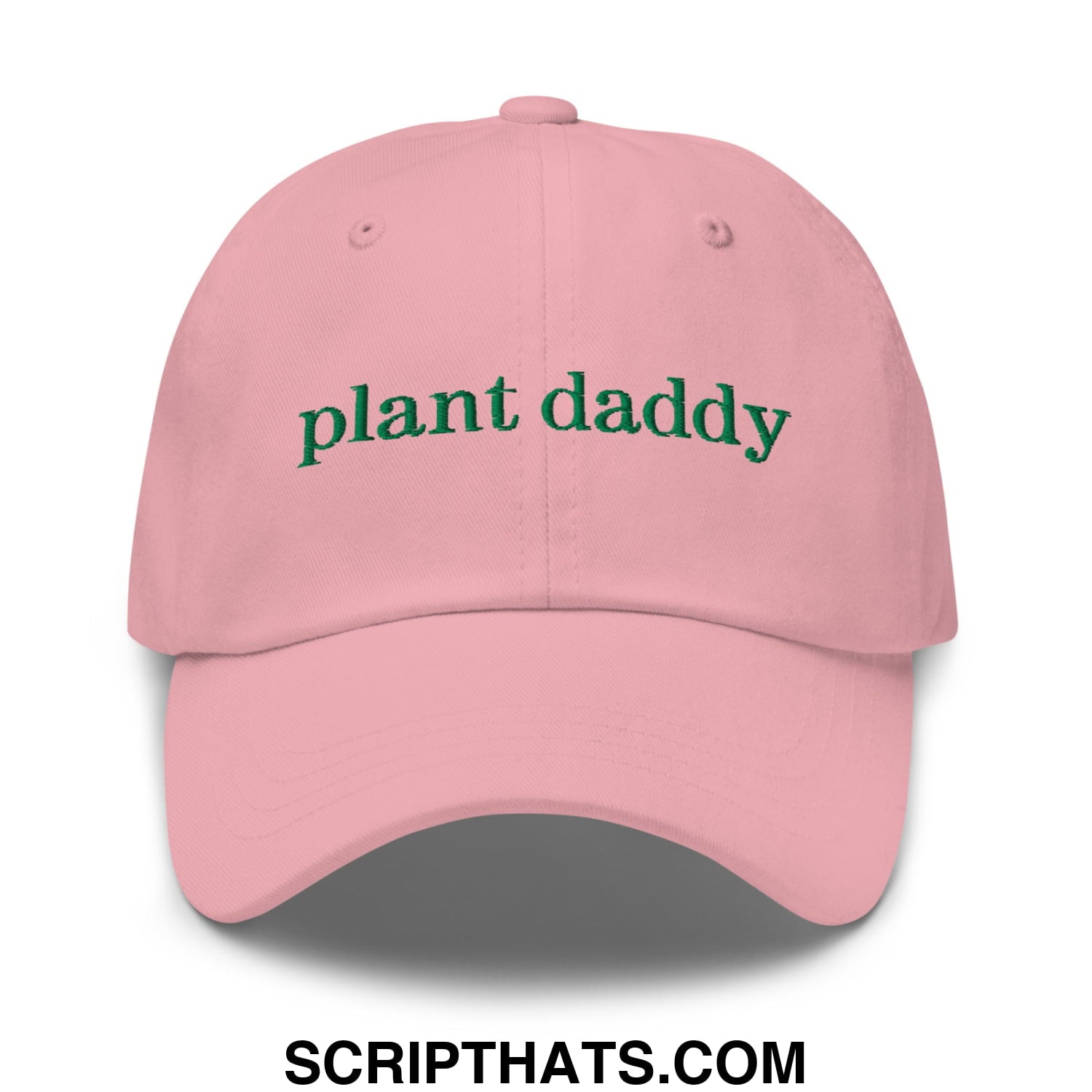 Pink unstructured baseball dad hat with green embroidered plant daddy text perfect for casual wear