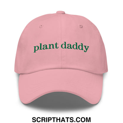 Pink unstructured baseball dad hat with green embroidered plant daddy text perfect for casual wear