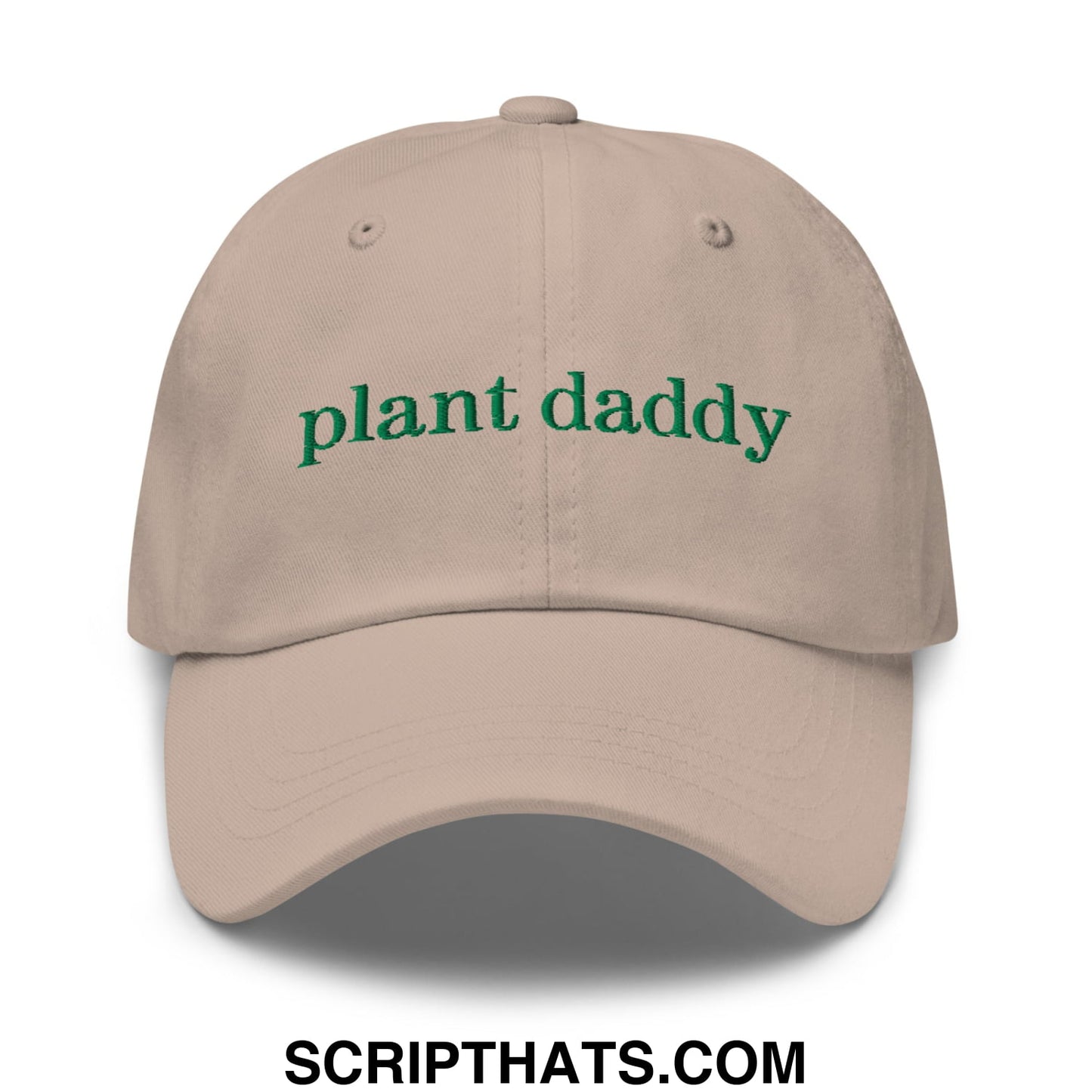 Beige unstructured dad hat with green embroidered plant daddy text perfect for casual outdoor wear