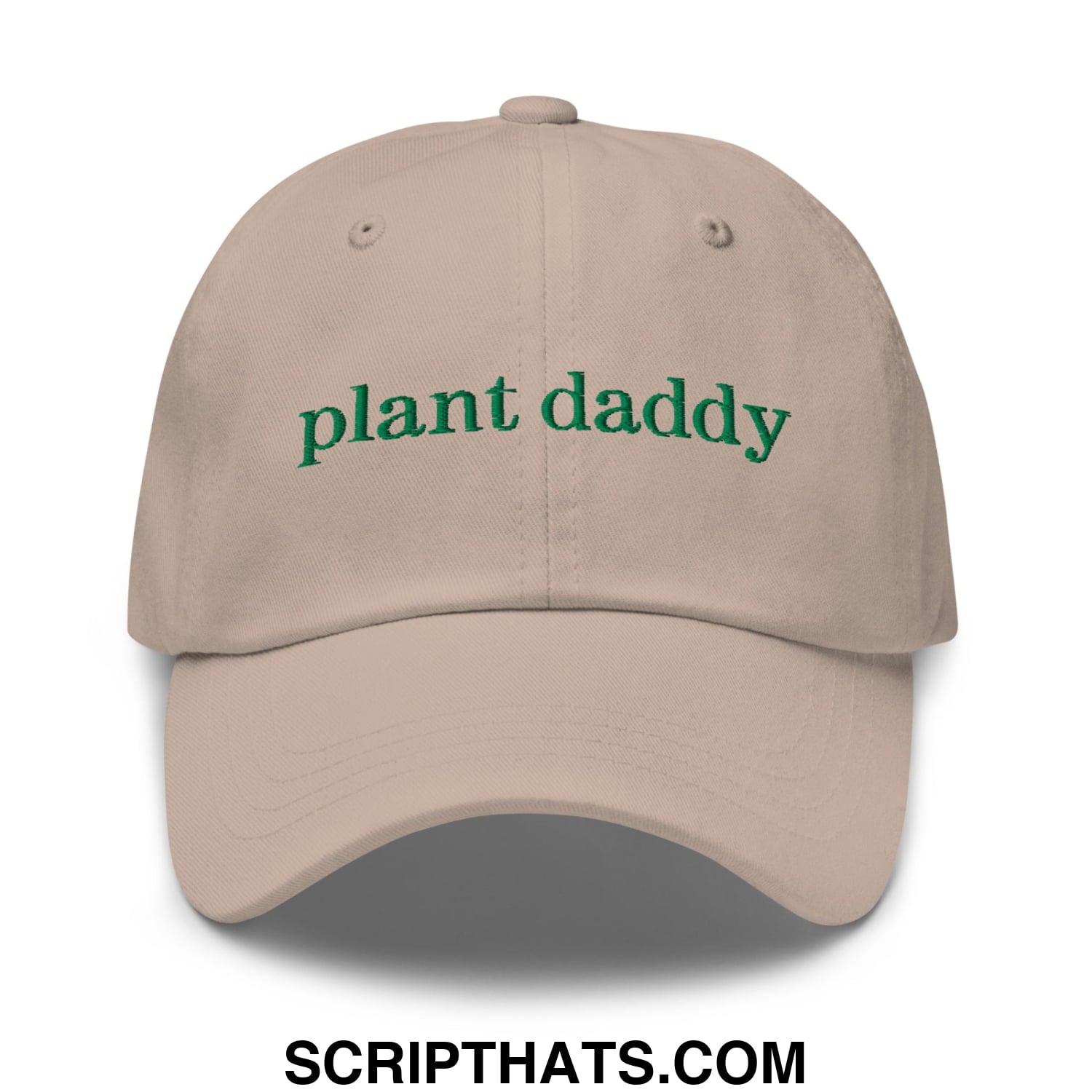 Beige unstructured dad hat with green embroidered plant daddy text perfect for casual outdoor wear