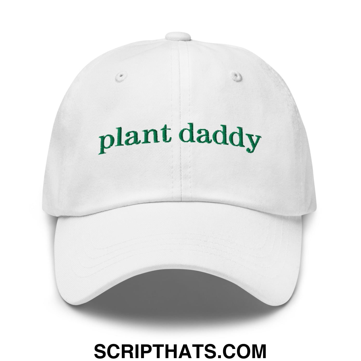 White unstructured dad hat with green embroidered plant daddy text in a casual baseball cap style