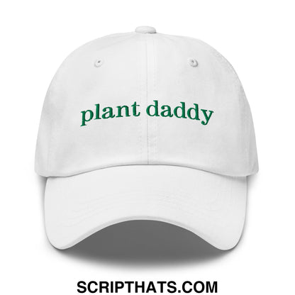 White unstructured dad hat with green embroidered plant daddy text in a casual baseball cap style