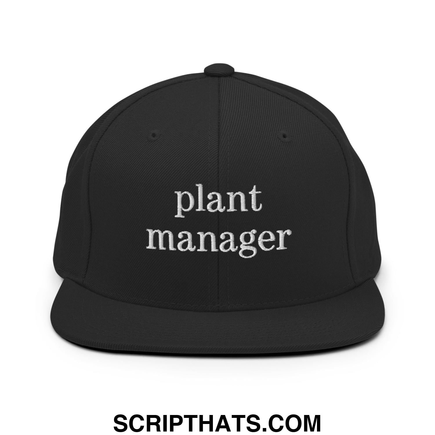 Black snapback hat with white embroidered plant manager text and flat bill brim for casual wear