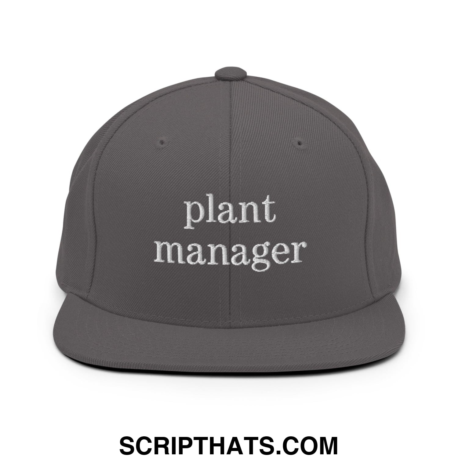 Gray snapback hat with white embroidered plant manager text and flat bill brim for casual wear