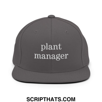 Gray snapback hat with white embroidered plant manager text and flat bill brim for casual wear