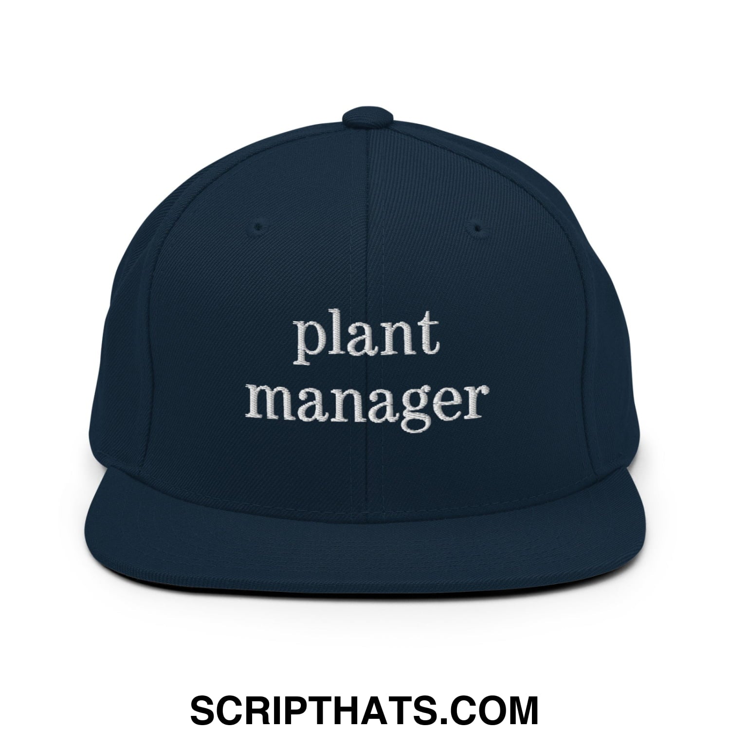 Navy blue snapback hat with white embroidered plant manager text and flat bill brim for a stylish fit