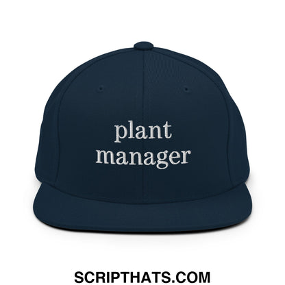 Navy blue snapback hat with white embroidered plant manager text and flat bill brim for a stylish fit