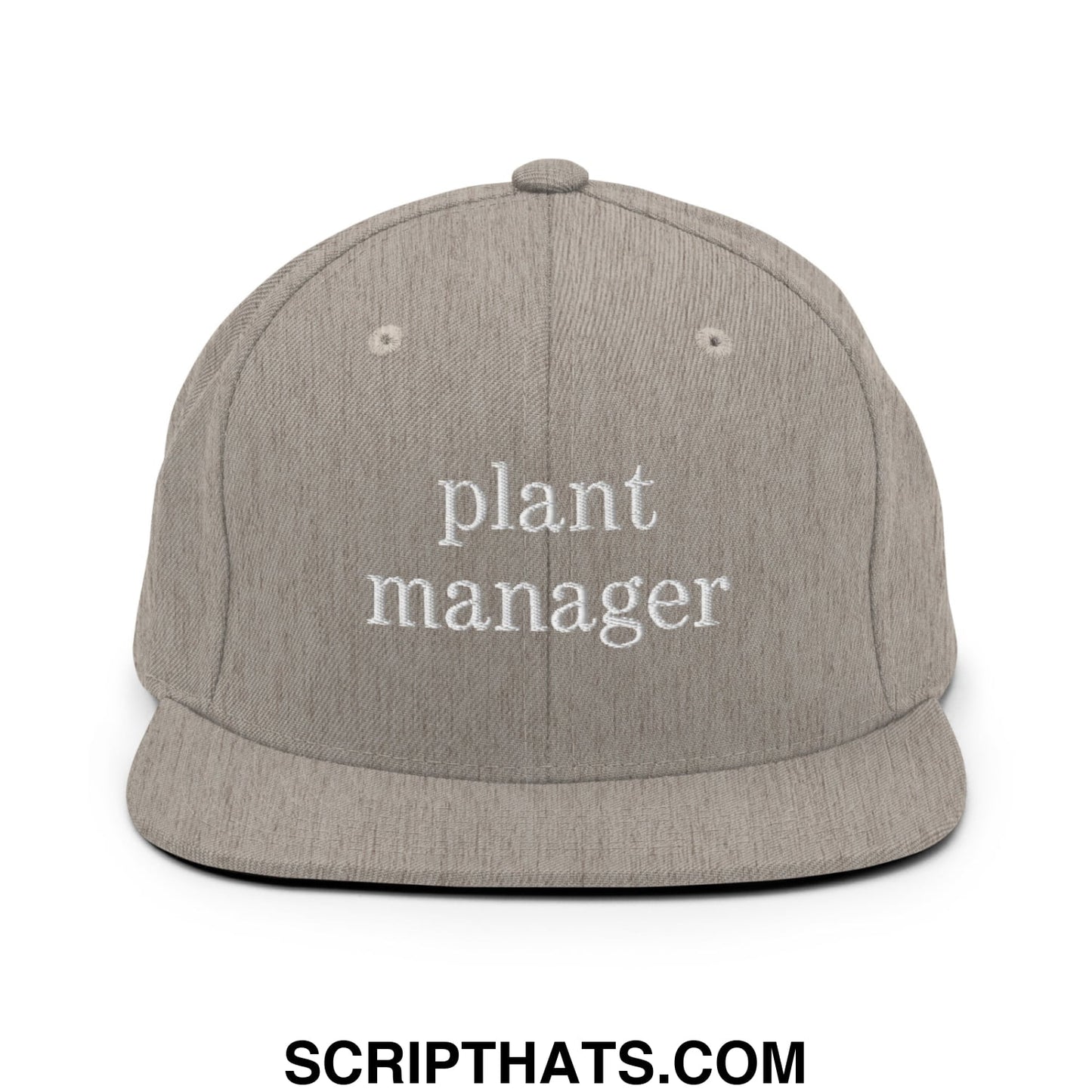 A gray snapback hat with white embroidered plant manager text and a flat bill brim