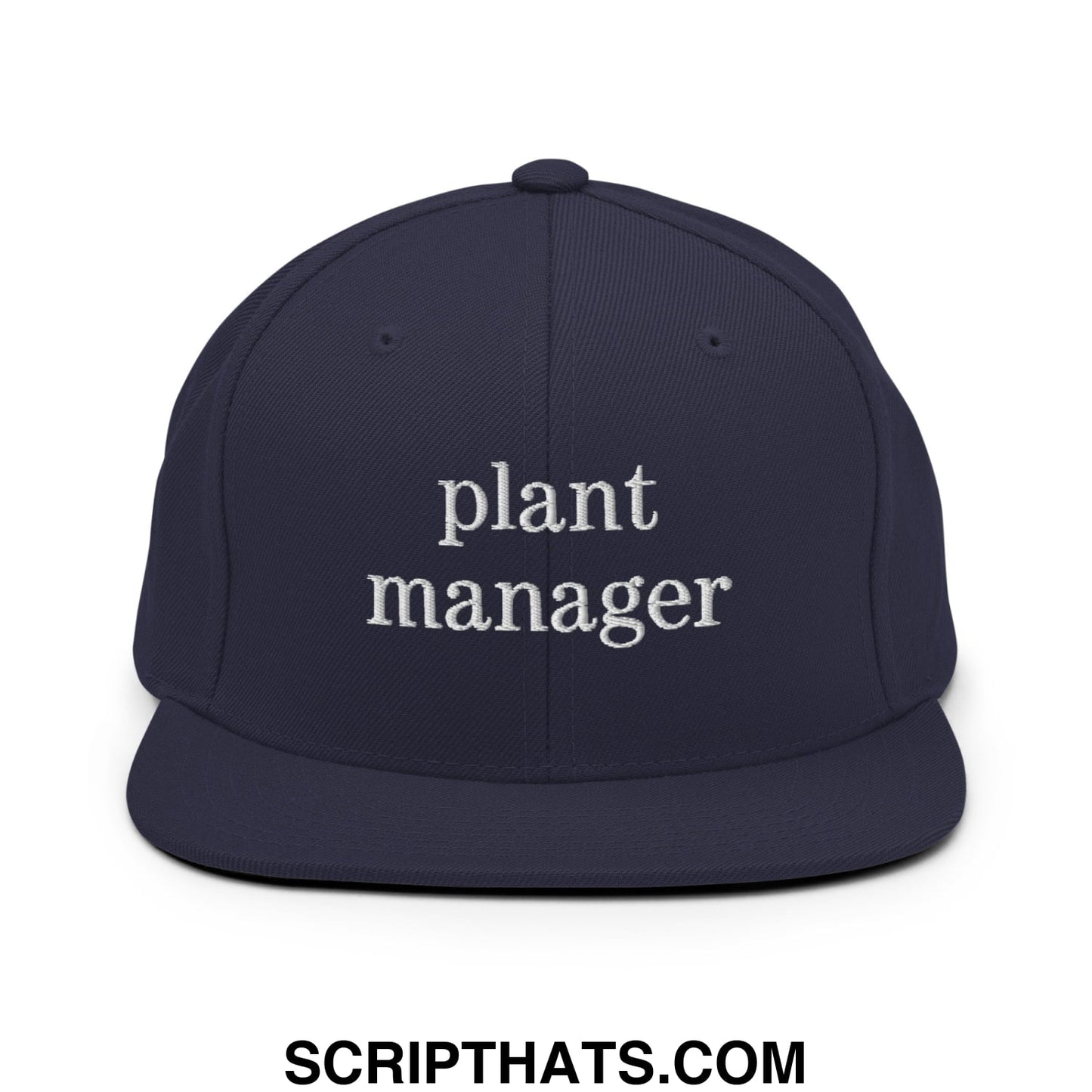 Navy blue snapback hat with white embroidered plant manager text and flat bill brim design