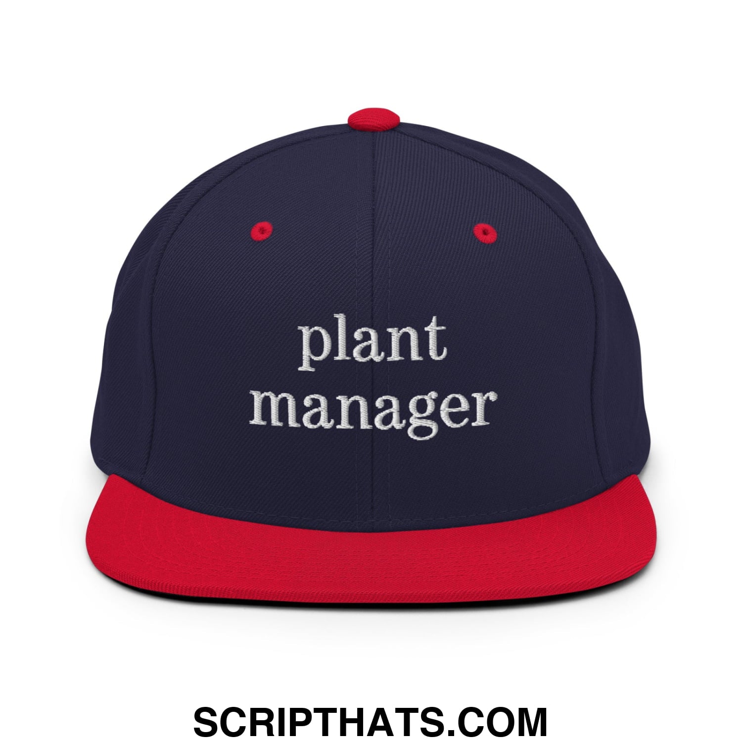 Navy blue and red snapback hat with white embroidered plant manager text and flat bill brim design