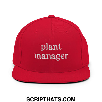 Red snapback hat with white embroidered plant manager text and flat bill brim for casual wear