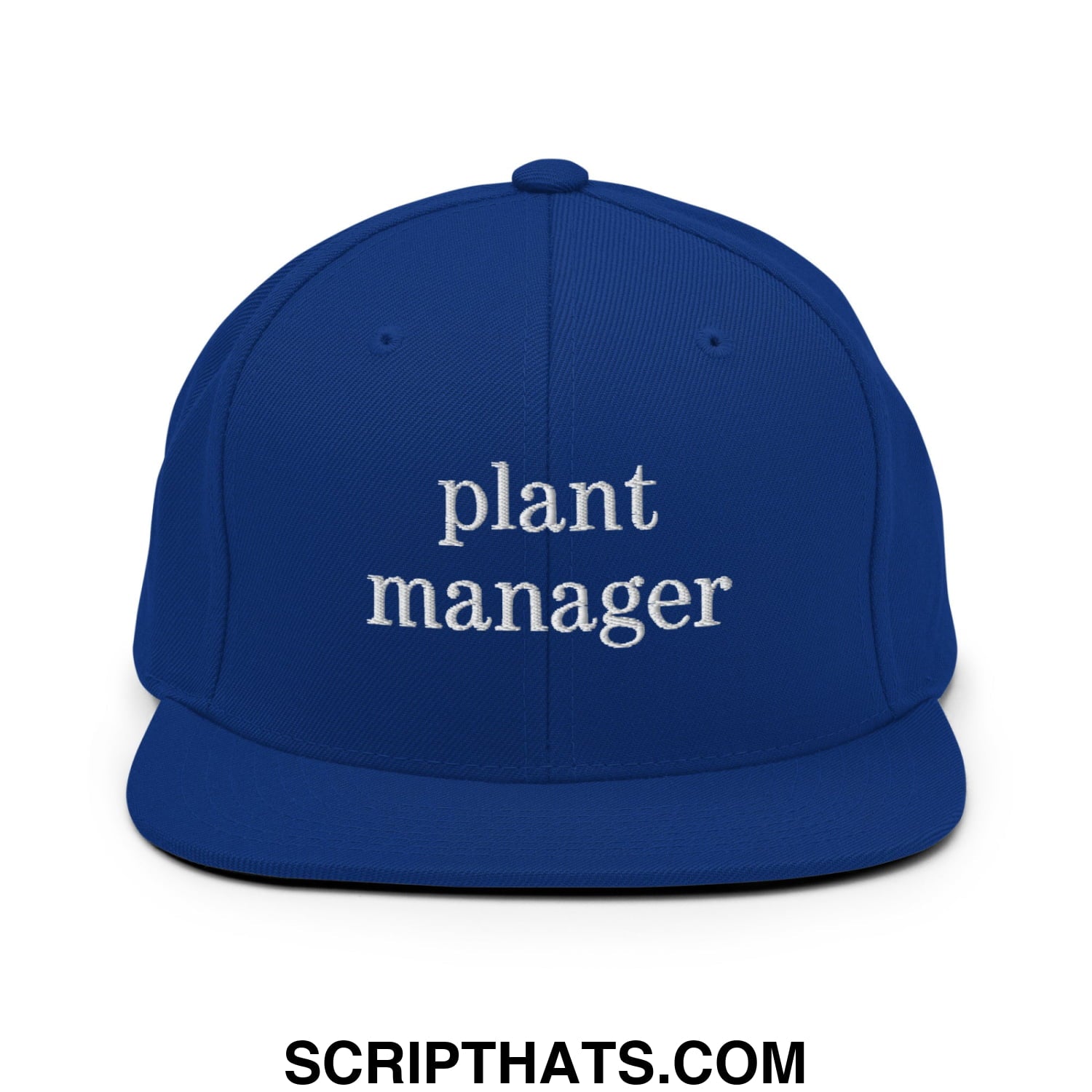 Royal blue snapback hat with flat bill and white embroidered plant manager text on the front panel