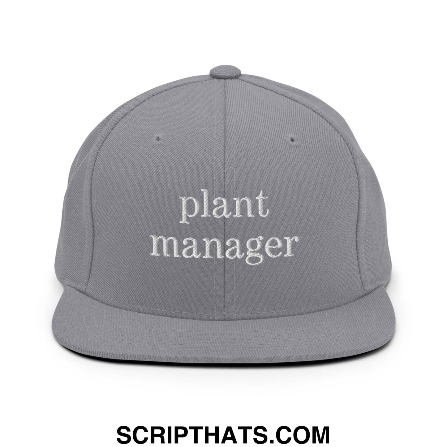 Gray snapback hat with plant manager embroidered in white thread on the front and flat bill brim design