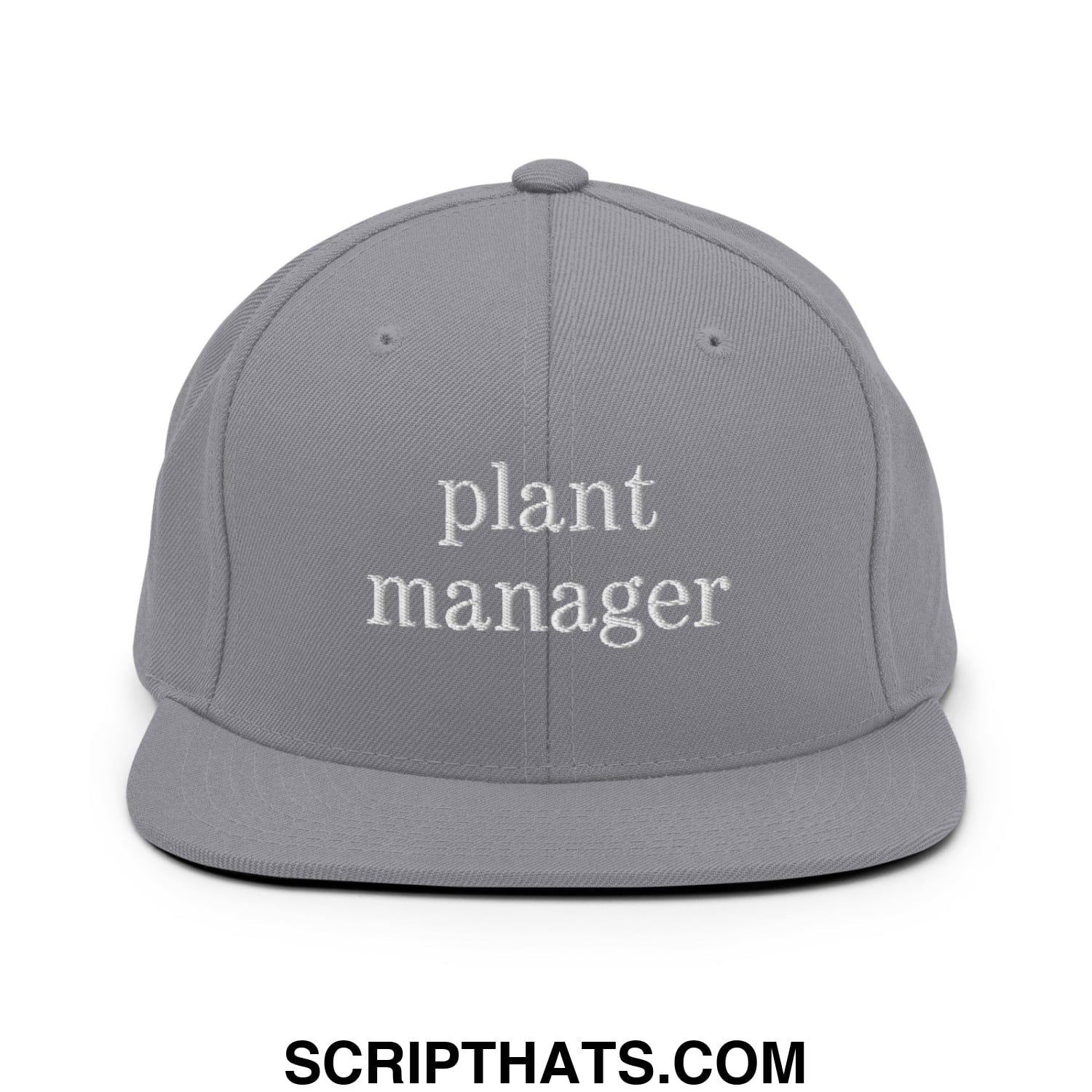 Gray snapback hat with plant manager embroidered in white thread on the front and flat bill brim design