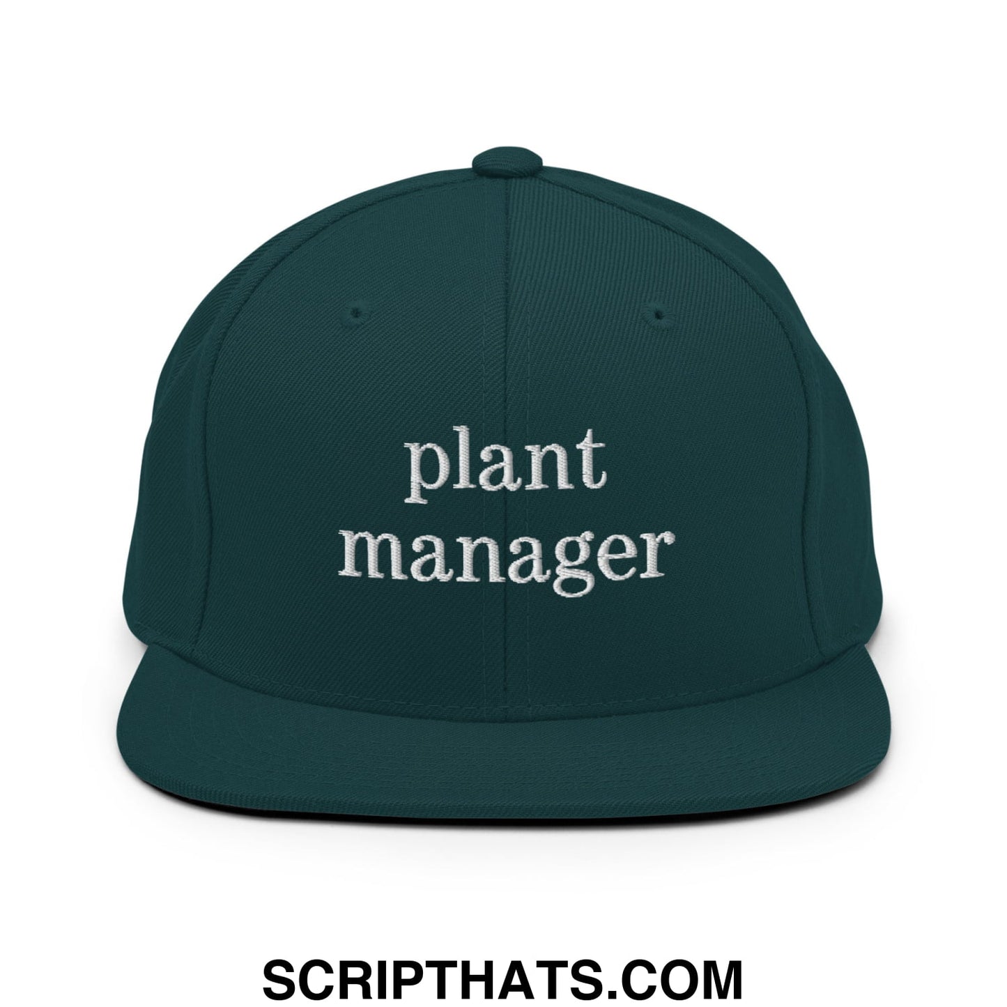 Dark green snapback hat with white embroidered plant manager text and flat bill brim for casual wear