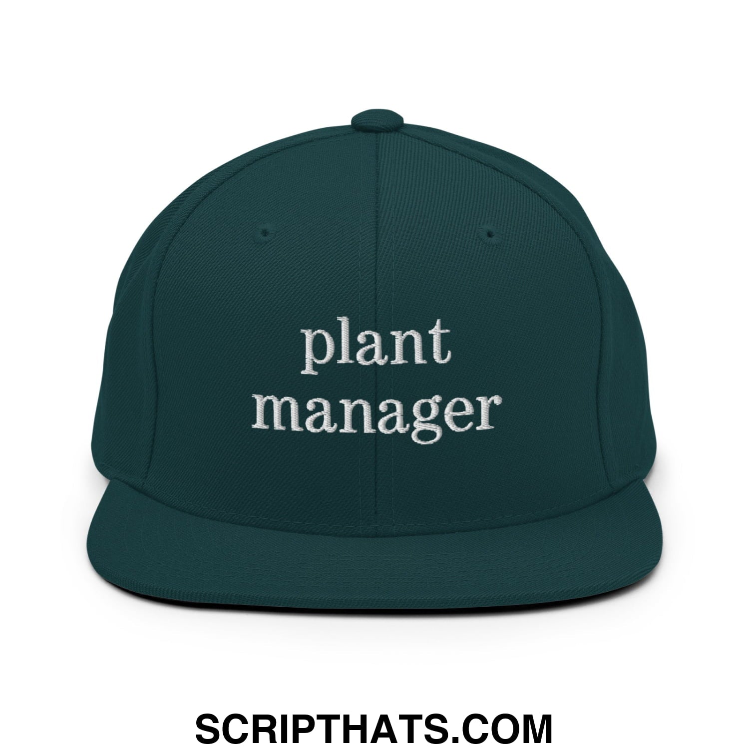 Dark green snapback hat with white embroidered plant manager text and flat bill brim for casual wear
