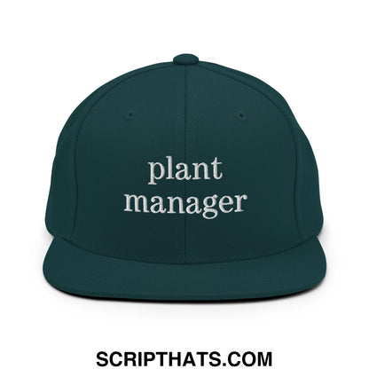 Dark green snapback hat with white embroidered plant manager text and flat bill brim for casual wear