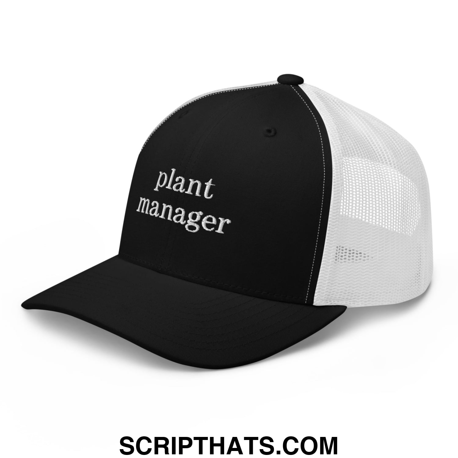 Black and white mesh trucker hat with plant manager embroidered in white script on the front panel