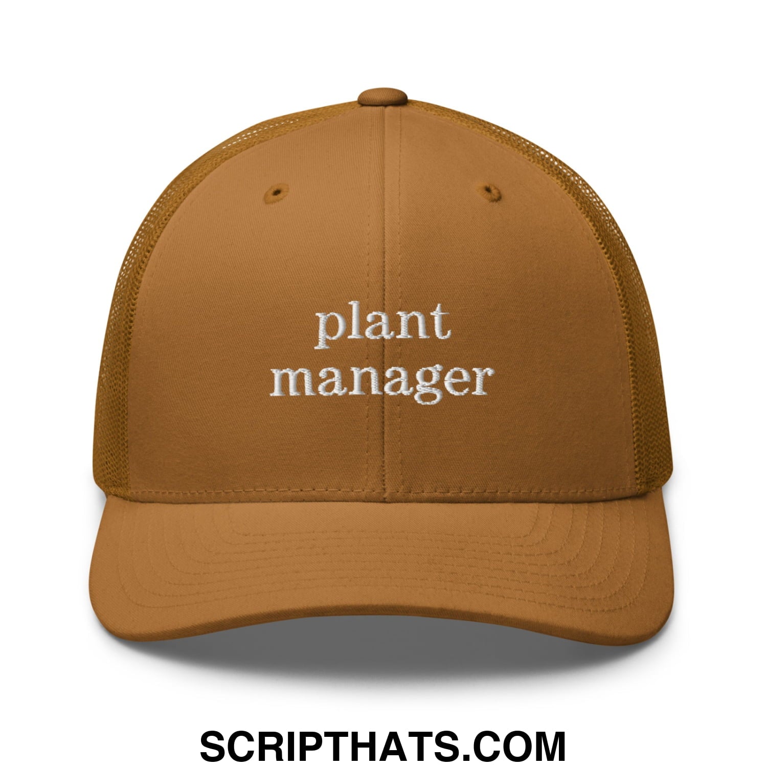 A tan mesh trucker hat with white embroidered plant manager text across the front panel