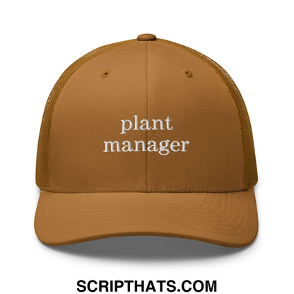 A tan mesh trucker hat with white embroidered plant manager text across the front panel