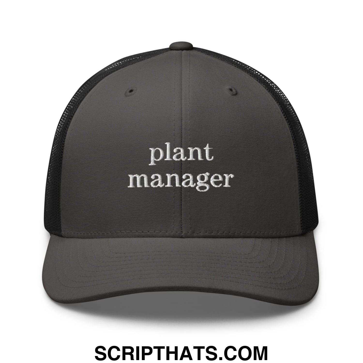 Dark gray mesh trucker hat with white embroidered plant manager text on the front panel