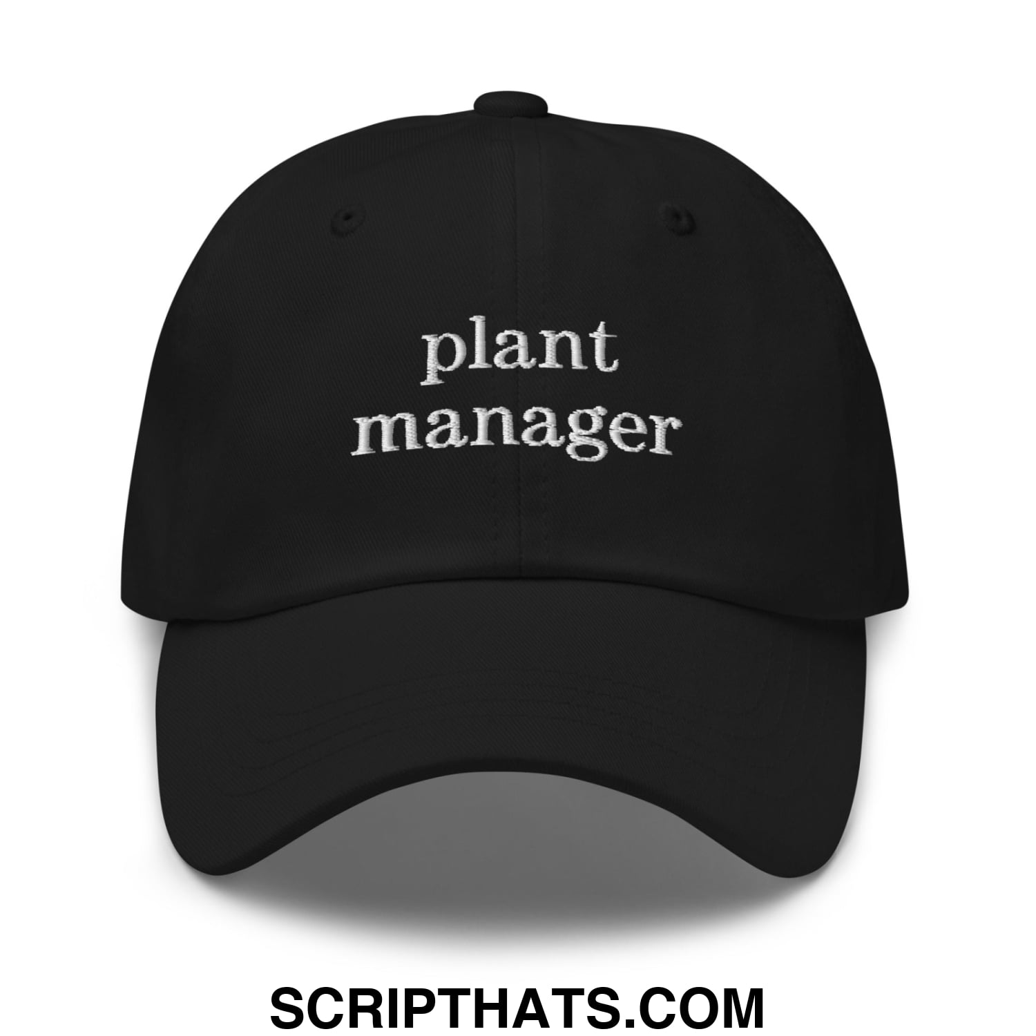 Black unstructured dad hat featuring plant manager embroidered in white thread on the front panel