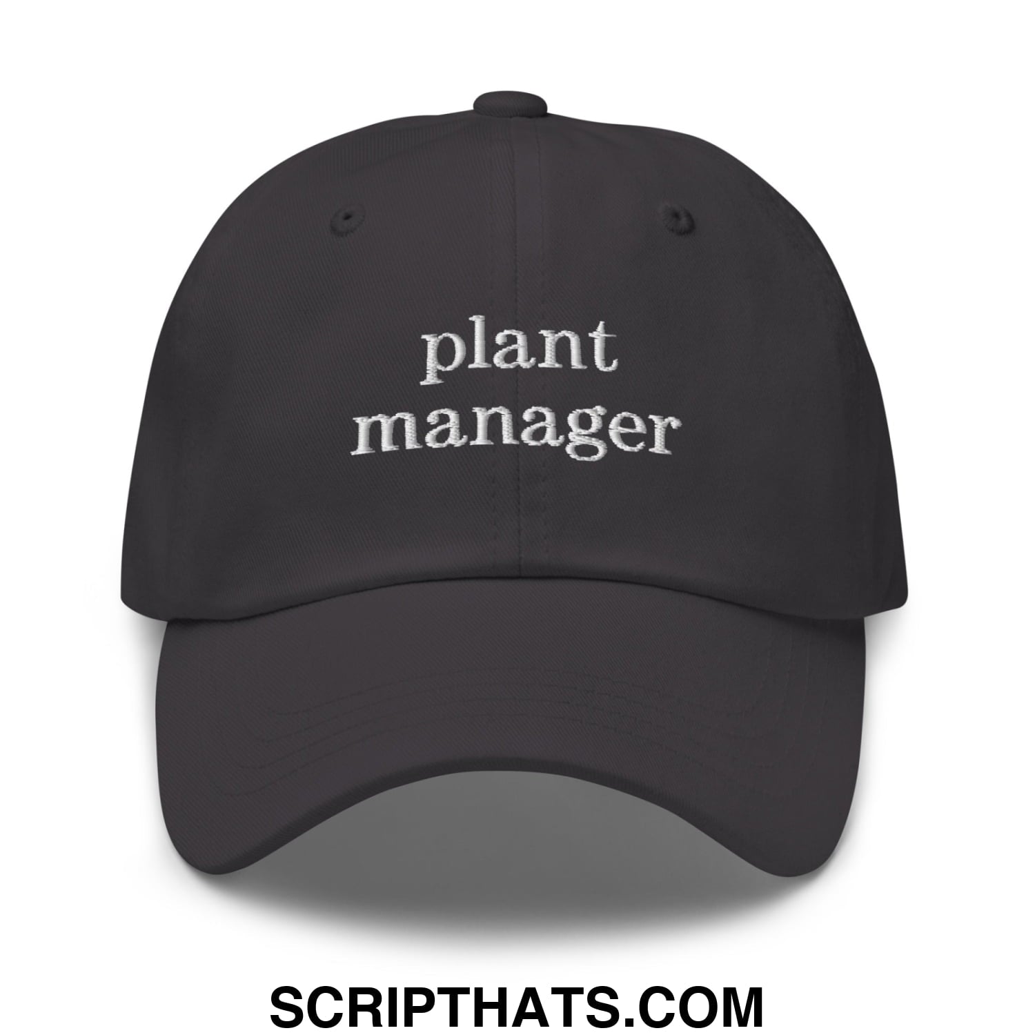 Black unstructured dad hat with white embroidered plant manager text for casual wear and everyday use