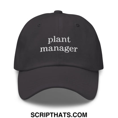 Black unstructured dad hat with white embroidered plant manager text for casual wear and everyday use