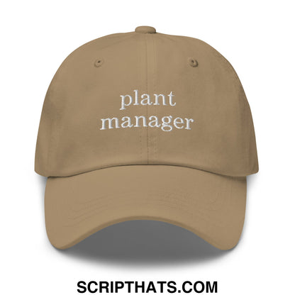 Beige unstructured dad hat with white embroidered plant manager text perfect for casual wear