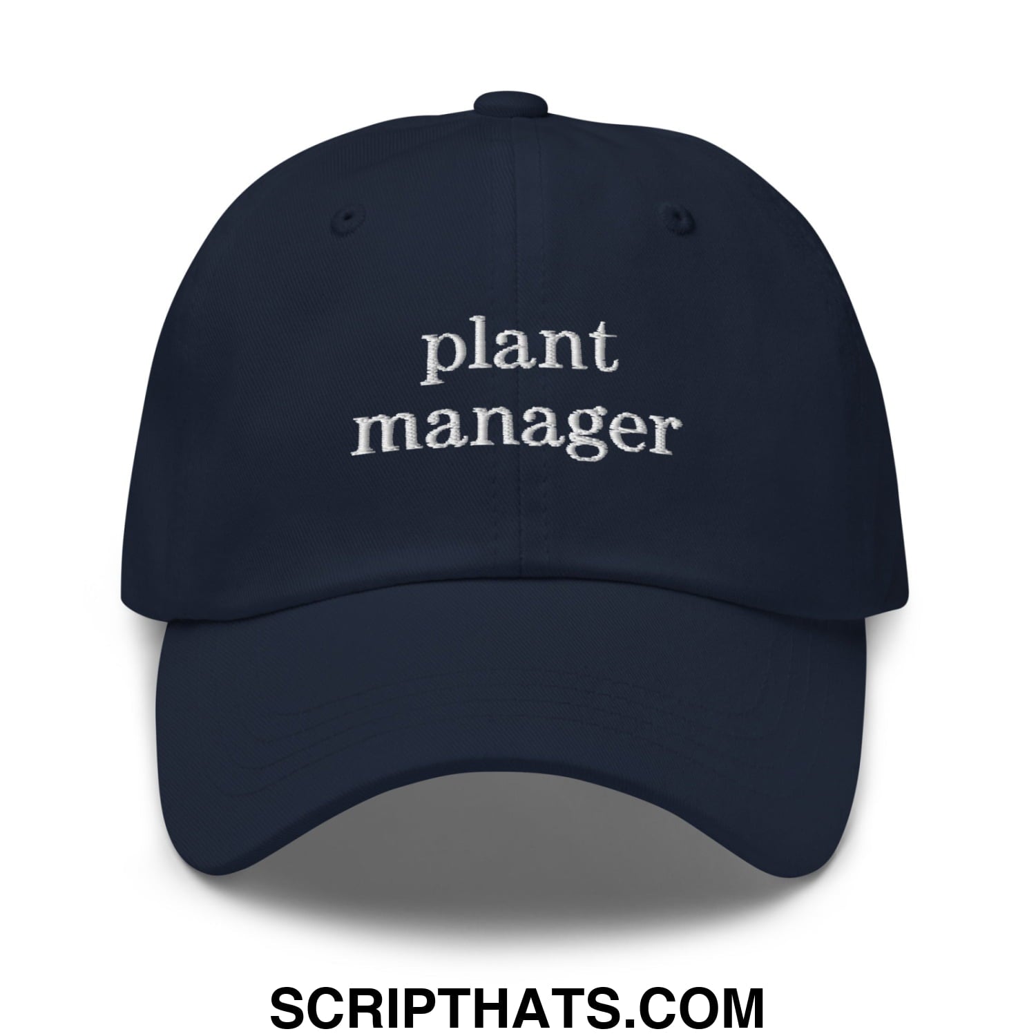 Navy blue unstructured dad hat with white embroidered plant manager text ideal for casual wear