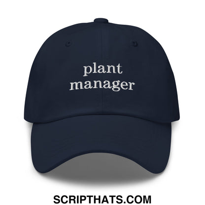 Navy blue unstructured dad hat with white embroidered plant manager text ideal for casual wear