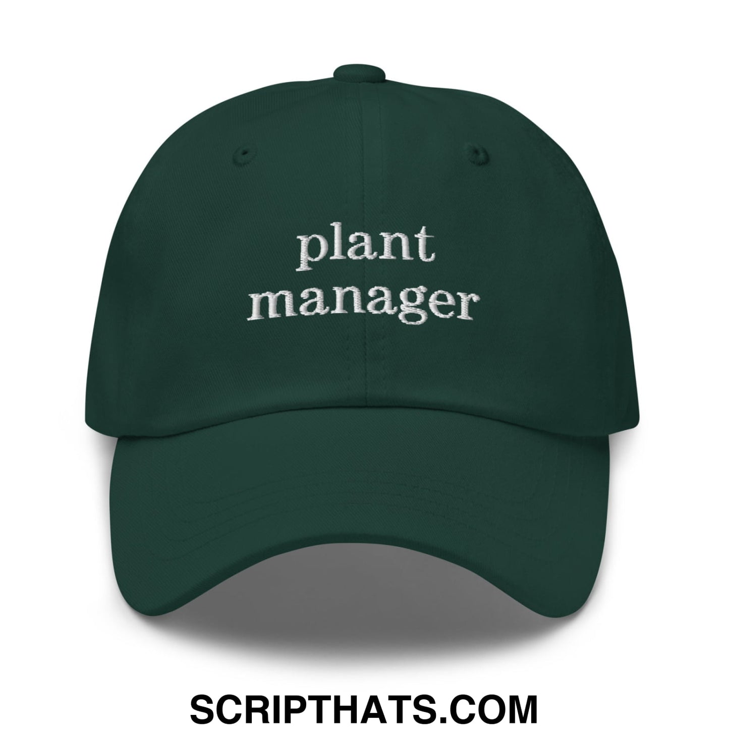 Dark green unstructured dad hat with white embroidered plant manager text for casual wear