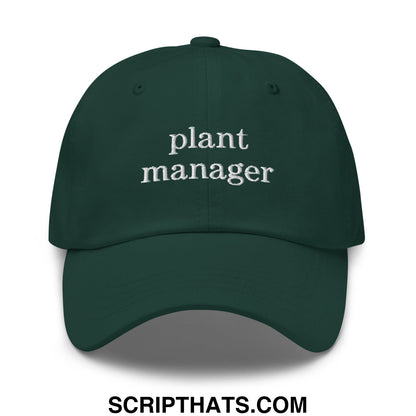 Dark green unstructured dad hat with white embroidered plant manager text for casual wear