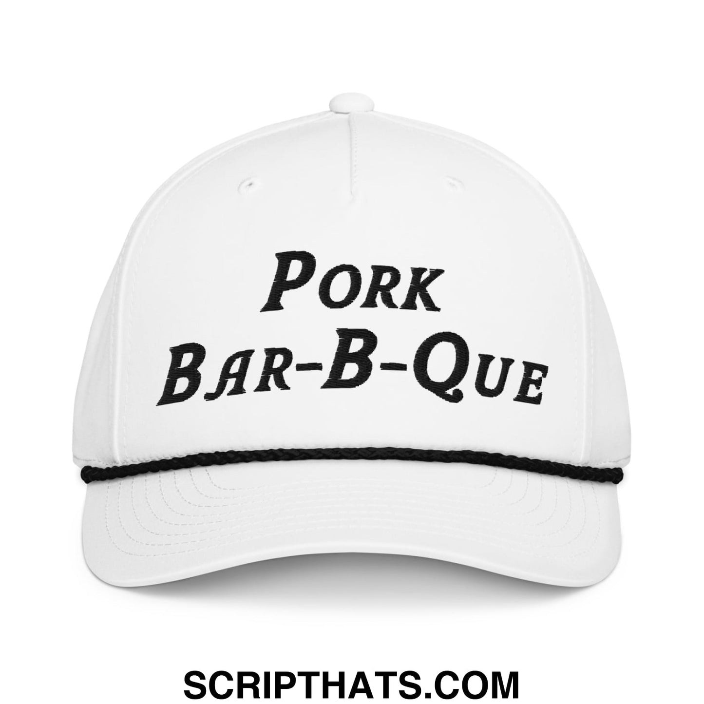 White pork bar-b-que embroidered golf rope hat with black stitched brim and matching black text design