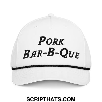 White pork bar-b-que embroidered golf rope hat with black stitched brim and matching black text design