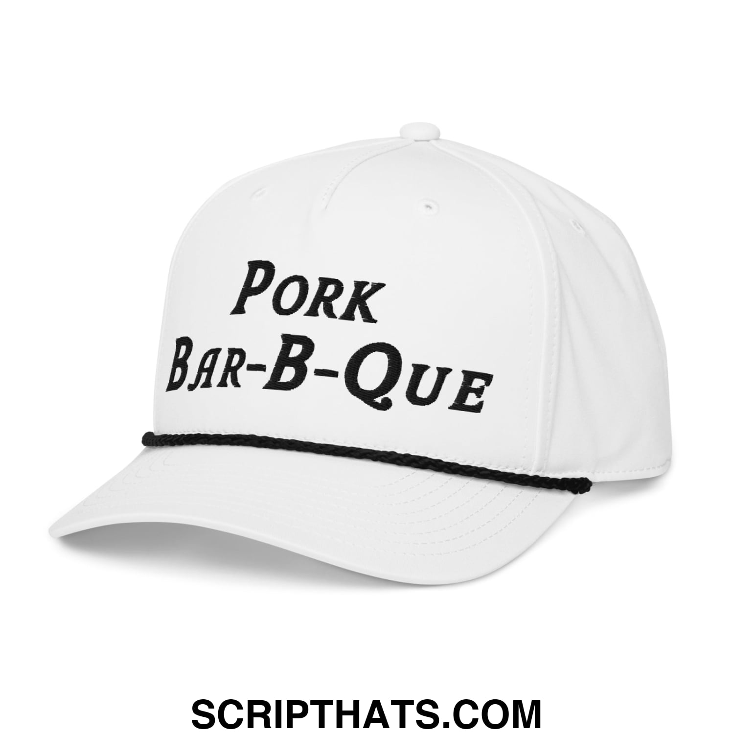 White pork bar-b-que embroidered golf rope hat with black brim trim and text detailing