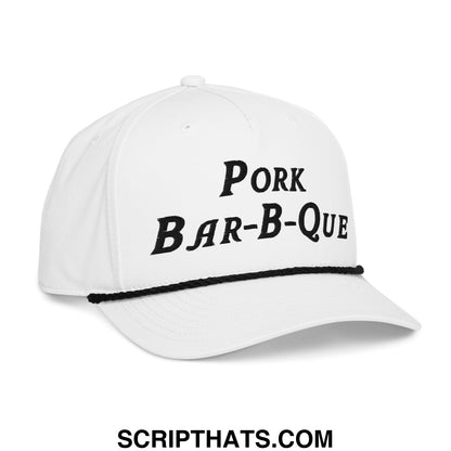 White pork bar-b-que embroidered golf rope hat with black brim trim and adjustable closure for outdoor use