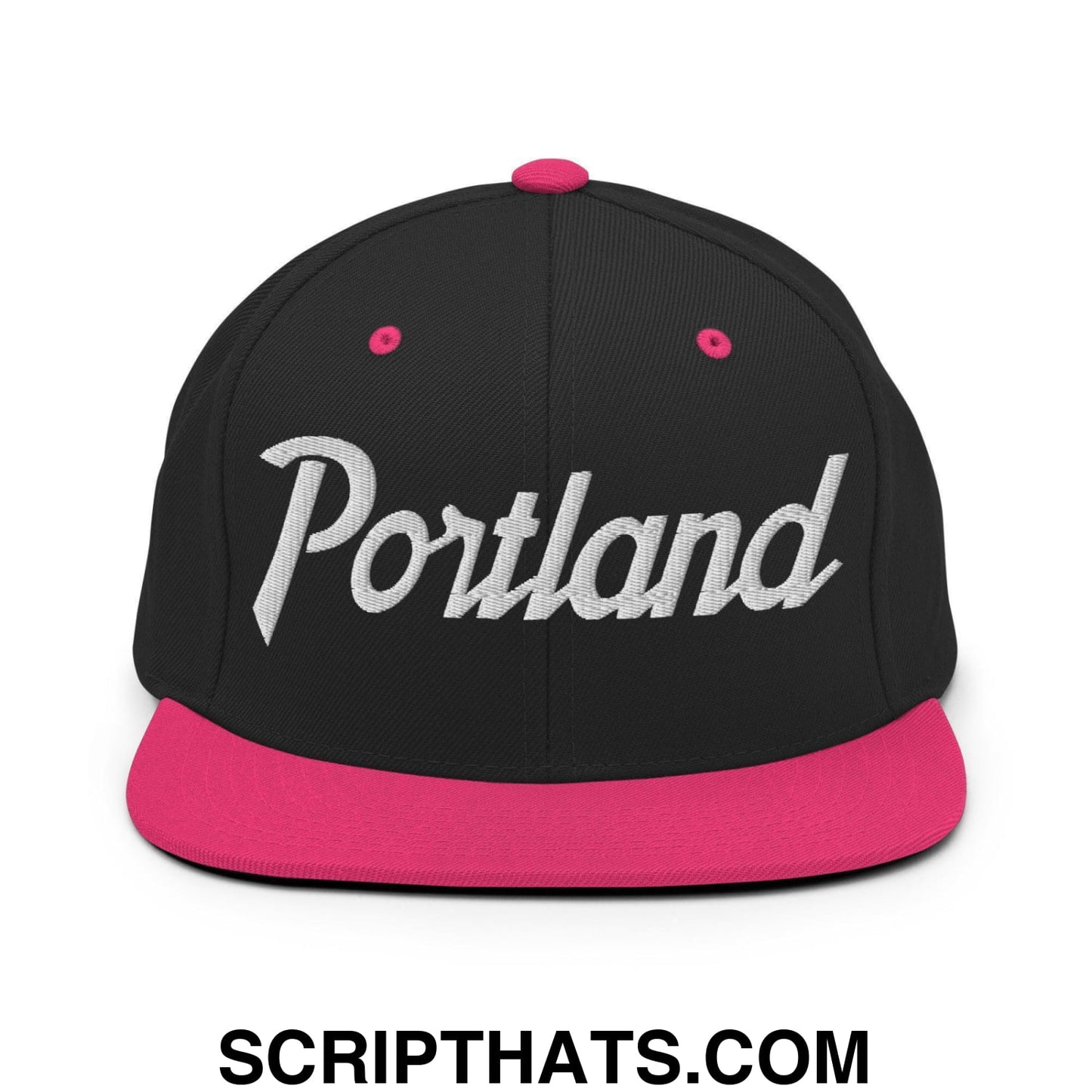 Portland Script Snapback Hat Black Neon Pink