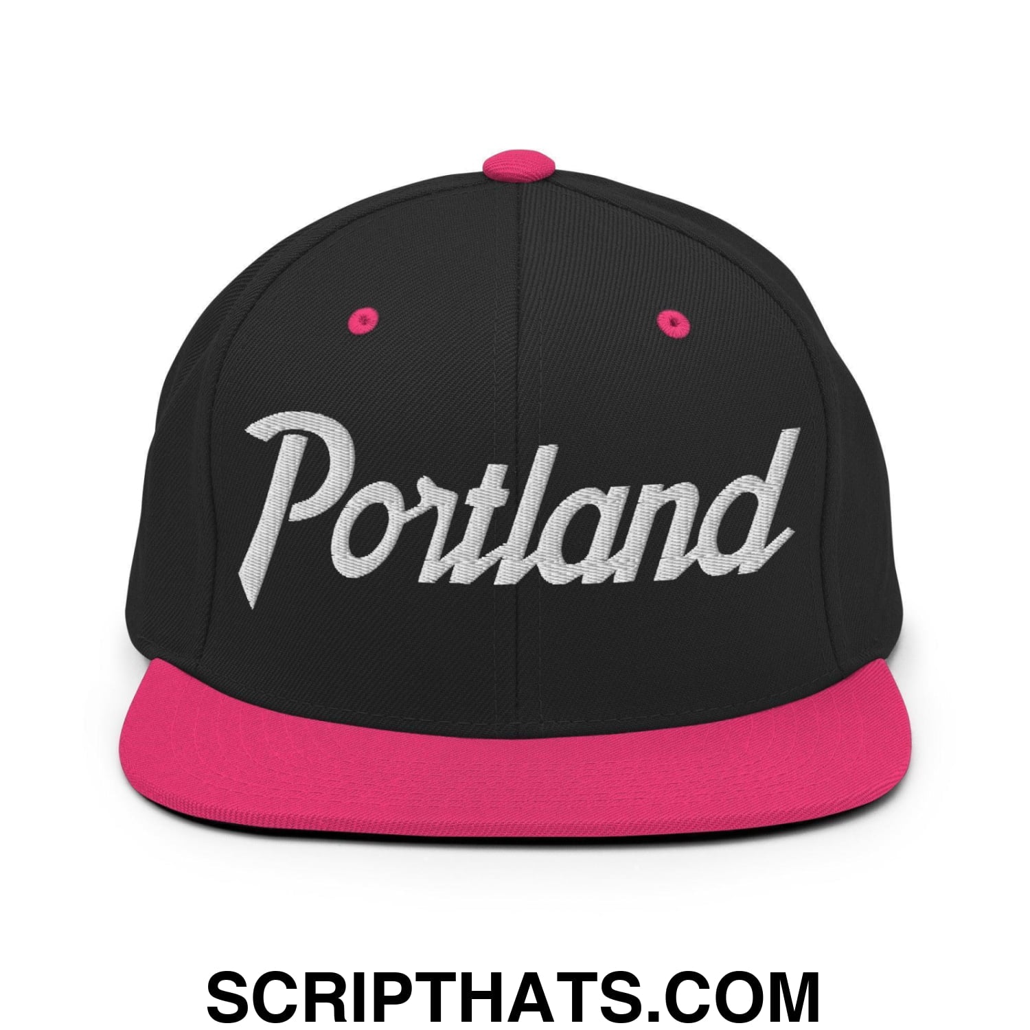Portland Script Snapback Hat Black Neon Pink