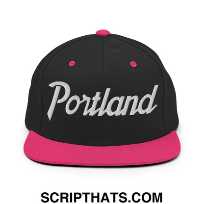 Portland Script Snapback Hat Black Neon Pink