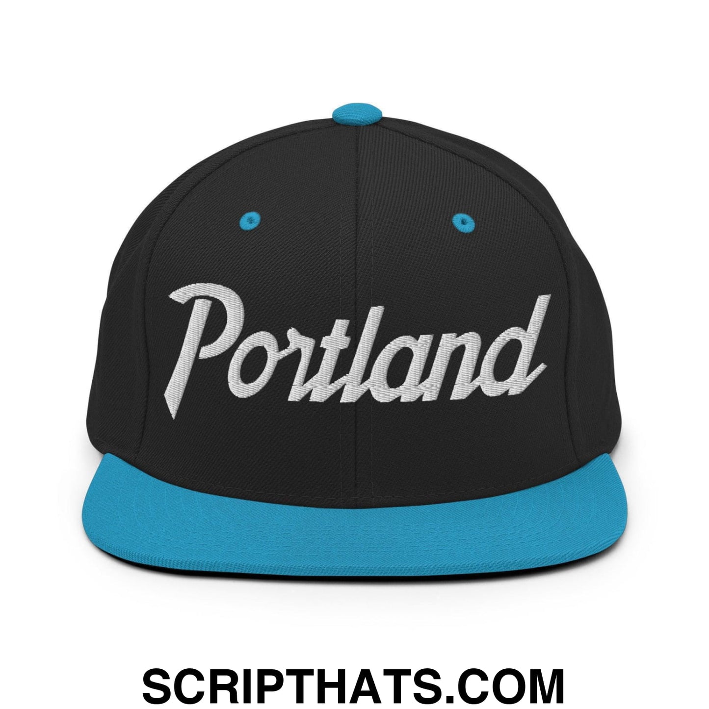 Portland Script Snapback Hat Black Teal