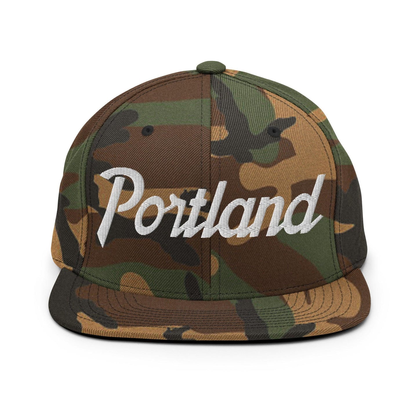 Portland Script Snapback Hat Green Camo