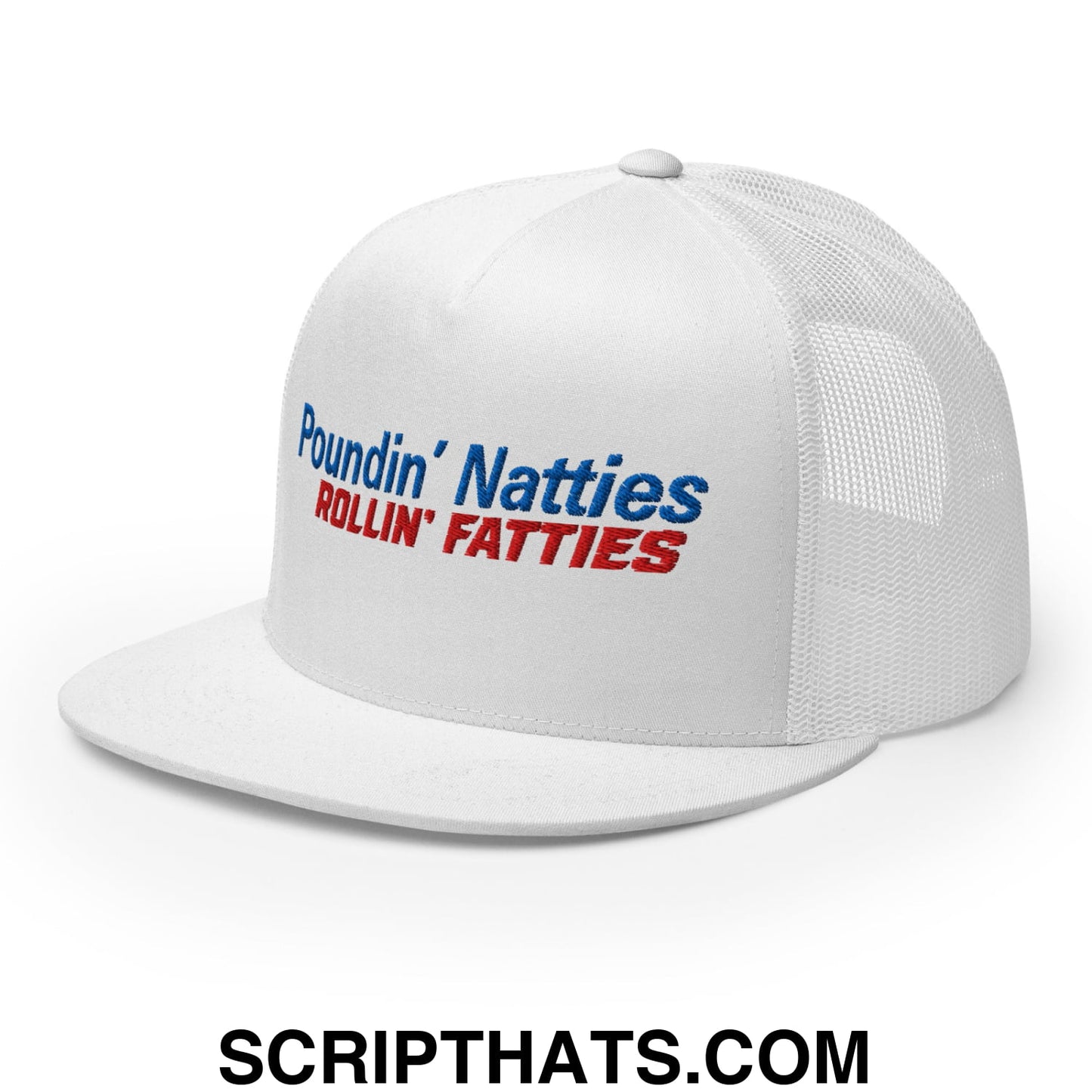 Poundin' Natties Rollin' Fatties Embroidered Flat Brim Bill Mesh Trucker Hat White