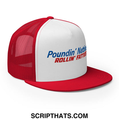 Poundin' Natties Rollin' Fatties Embroidered Flat Brim Bill Mesh Trucker Hat Red White Red