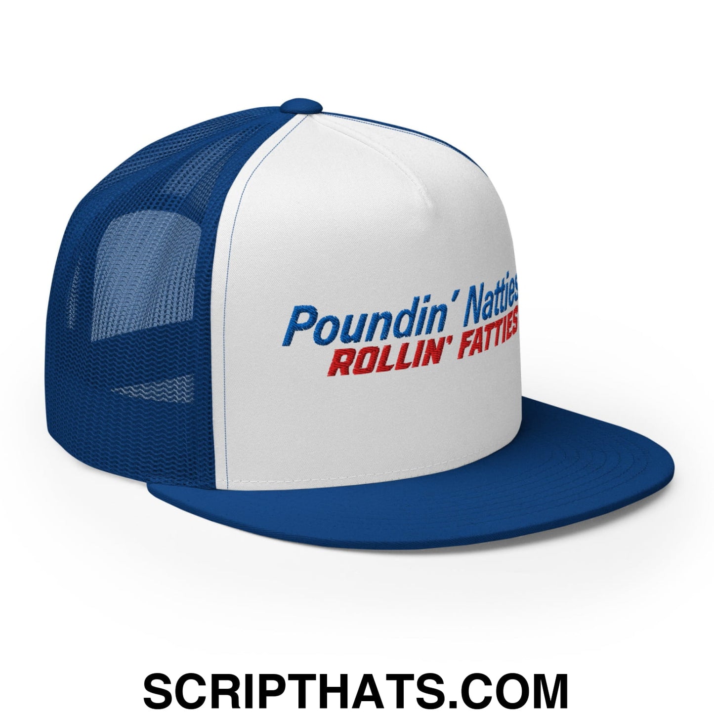Poundin' Natties Rollin' Fatties Embroidered Flat Brim Bill Mesh Trucker Hat Royal White Royal