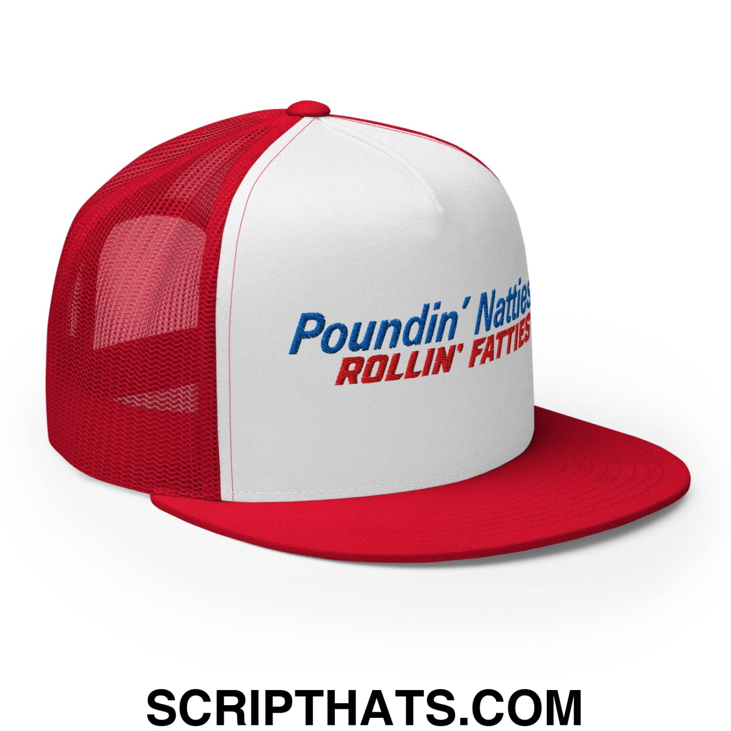 Poundin' Natties Rollin' Fatties Embroidered Flat Brim Bill Mesh Trucker Hat Red White Red