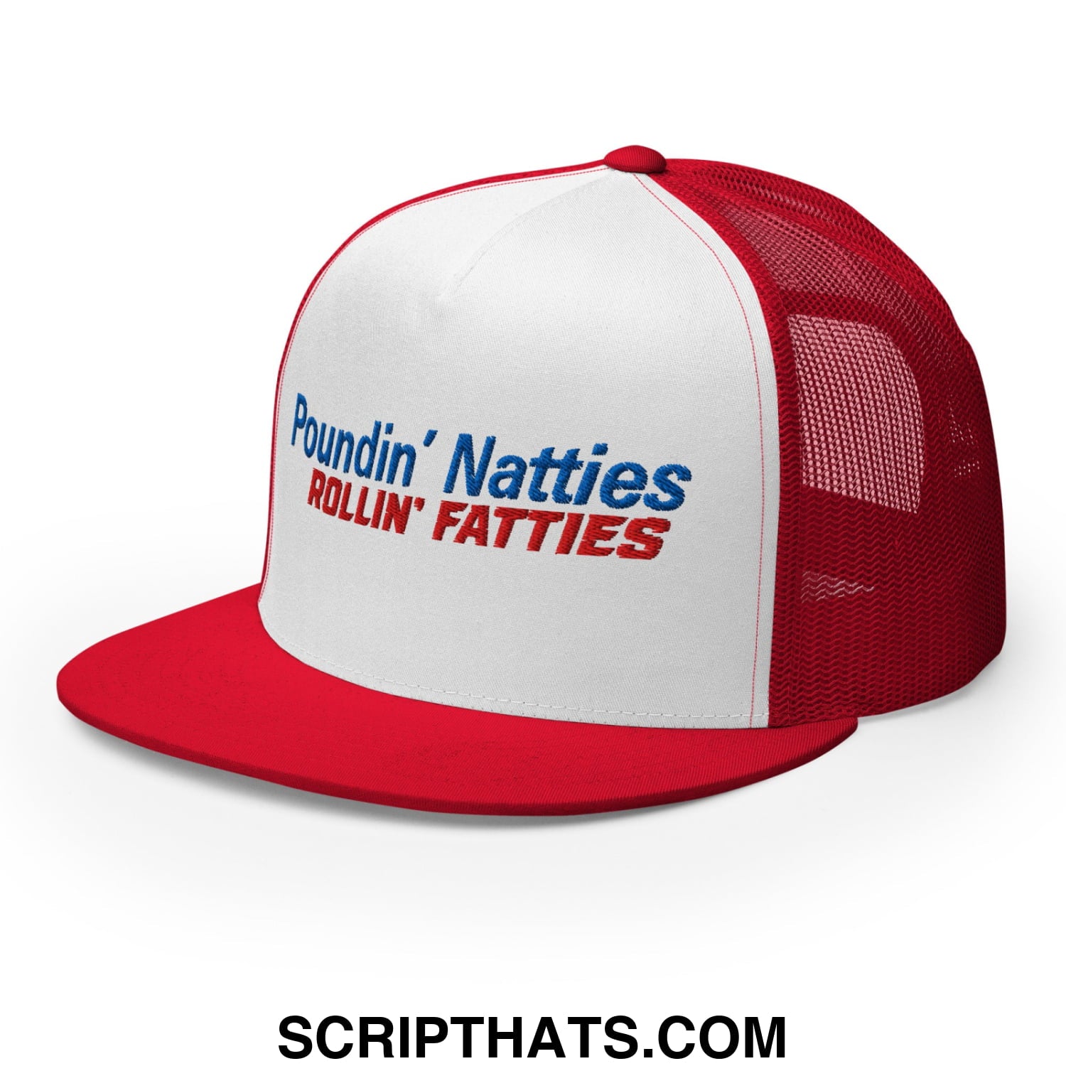 Poundin' Natties Rollin' Fatties Embroidered Flat Brim Bill Mesh Trucker Hat Red White Red